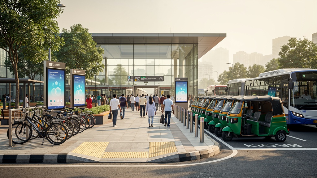 Indian metro station area integrated with buses, e-rickshaws, bicycles, and accessible sidewalks