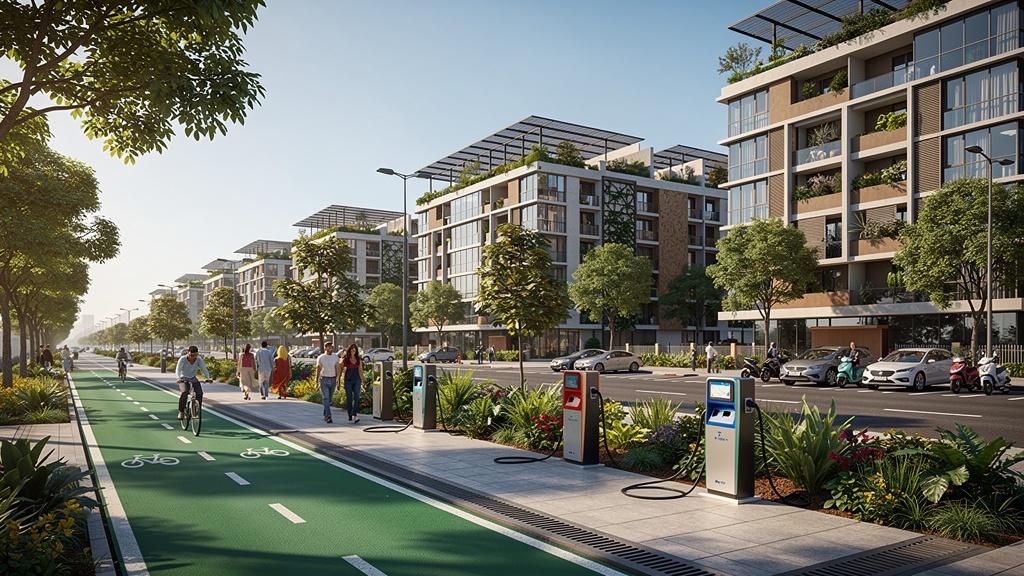 Indian smart city street with solar rooftops, smart waste bins, shaded sidewalks and green public space